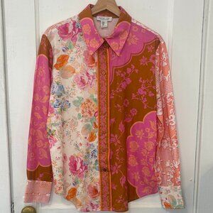 Rachel Zoe Women's Floral Printed Linen Blend Blouse Pink/Peach/Teal Size Small